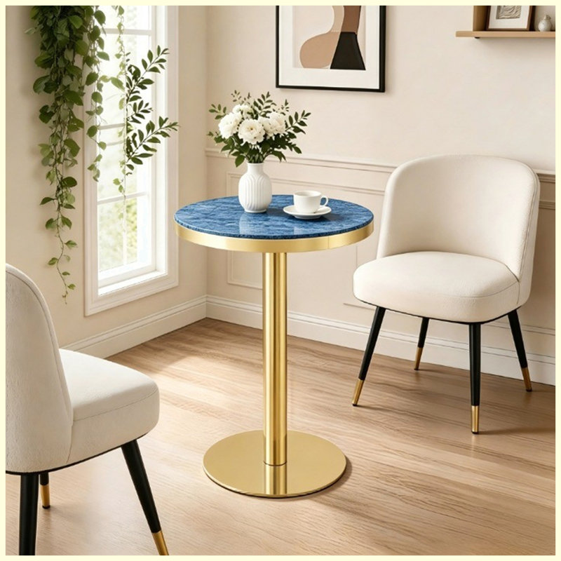 Table basse ronde de luxe moderne 23,6 po, plateau en panneau de fibres à densité moyenne à texture marbrée avec finition peinture UV, bordure en acier inoxydable, pieds en métal, table d'appoint de salon