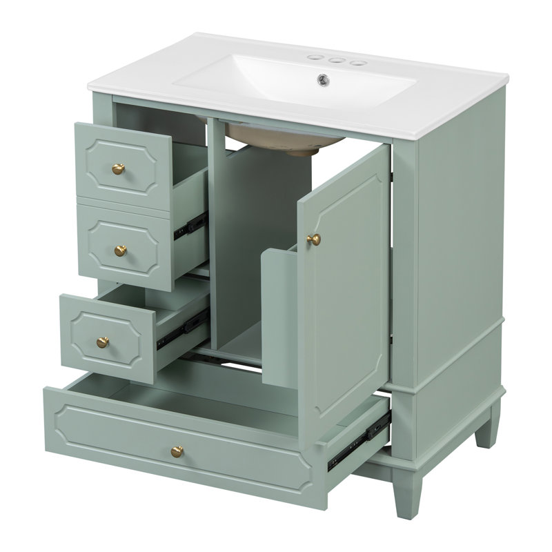 30" Freestanding Bathroom Vanity With Single Sink, 3 Drawers And Door Shelf, Vert