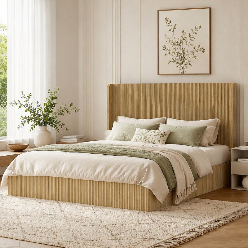 Base de lit en bois cannelé de style Mid-Century, tête de lit haute à oreilles, lit plateforme à profil bas, aucun sommier tapissier requis, assemblage facile pour la chambre à coucher et la chambre d'amis