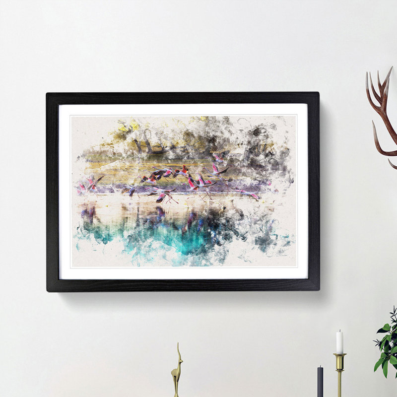 Flamingos Taking Flight - Picture Frame Painting Print, 62cm H x 87cm W x 2cm D, Black Framed