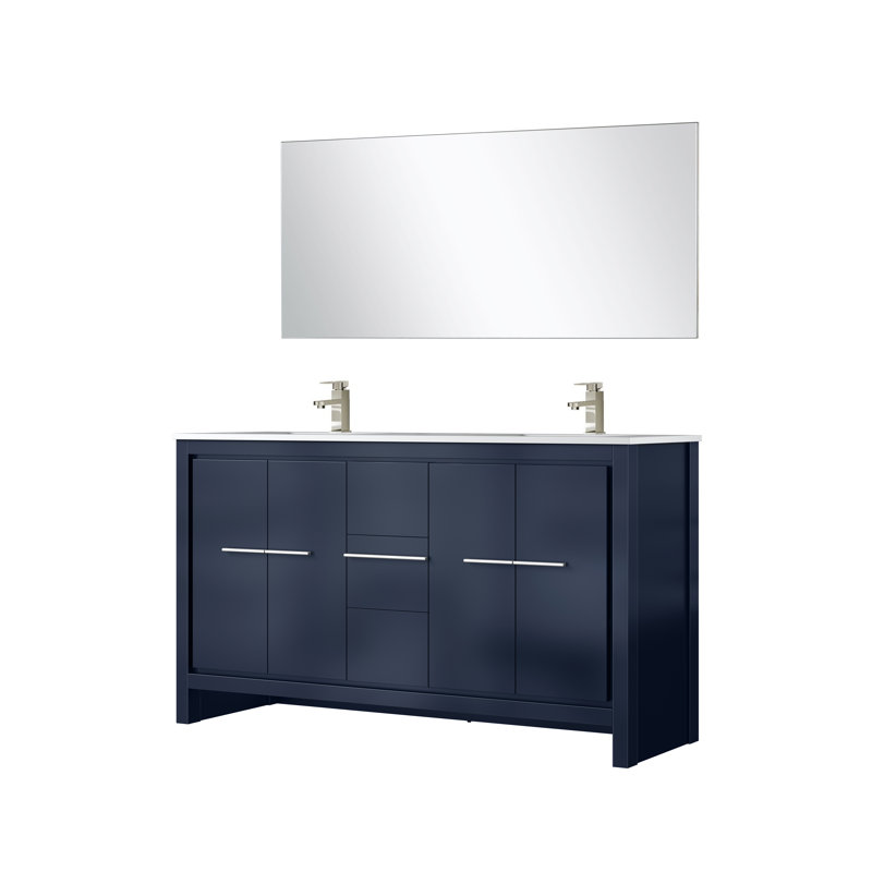 Lafarre 60" W x 20" D Double Vanity Mirror & Faucet, Navy Blue, White Quartz
