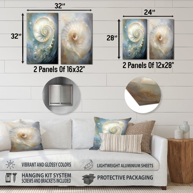 Bleu et blanc Nautilus Pearl Passage - Nautilus, ensemble de 2 reproductions d'art mural en métal, H 32 po x l 32 po