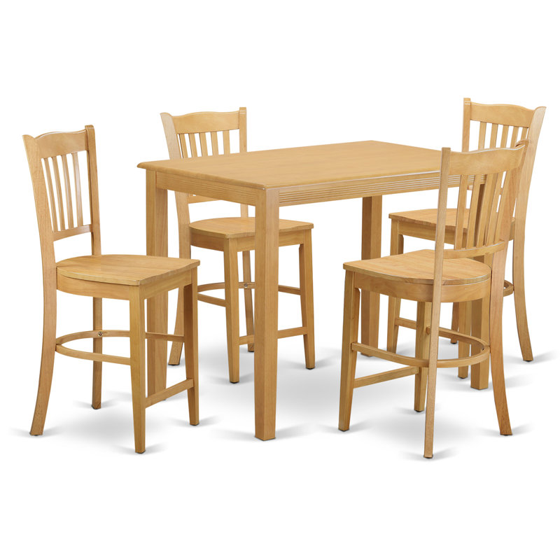 Ensemble de table de salle à manger à hauteur de comptoir 5 pièces comprenant une table de salle à manger rectangulaire et 4 chaises en bois, chêne