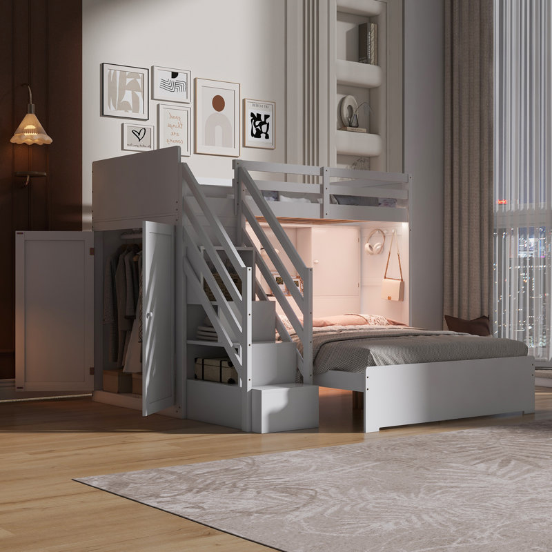 Twin Over Full Bunk Bed, Storage Staircase, Wood, Built-In Wardrobe And USB LED Headboard, Modern & Contemporary, Kids Bedroom