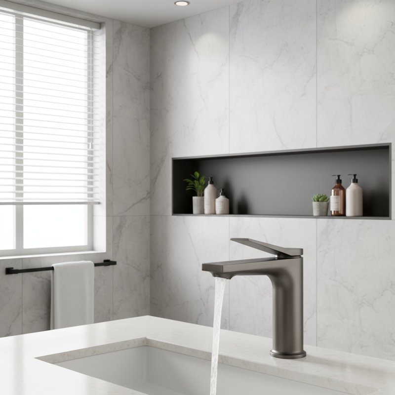 Robinet de lavabo de salle de bain à un trou avec poignée simple, Gris pistolet