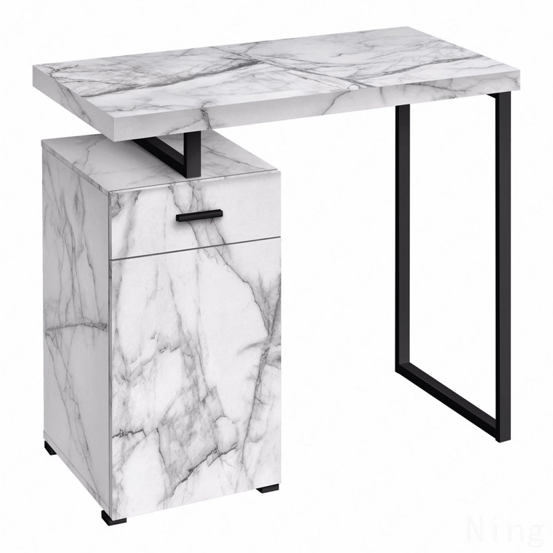 Bureau d'ordinateur, bureau personnel, ordinateur portable, installation à gauche, à droite, tiroirs de rangement, L 48 po, bureau, stratifié aspect marbre blanc, métal noir, contemporain, moderne