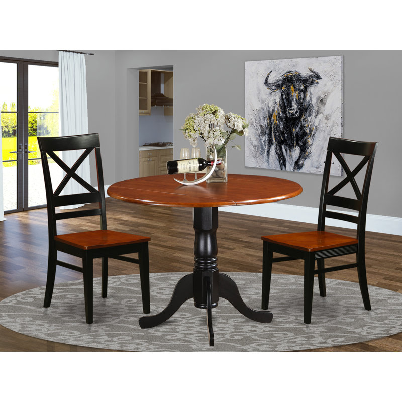 3 Piece Dining Set Contains a Round Dining Table with Dropleaf and 2 Kitchen Chairs, 42x42 Inch, Black & Cherry, Black-Cherry