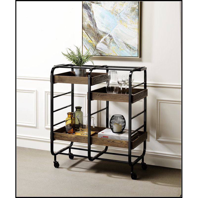 Chariot de cuisine Kadri au fini châtaignier délavé avec portes en verre et tablette à lattes, parfait pour les cuisines modernes et fonctionnelles