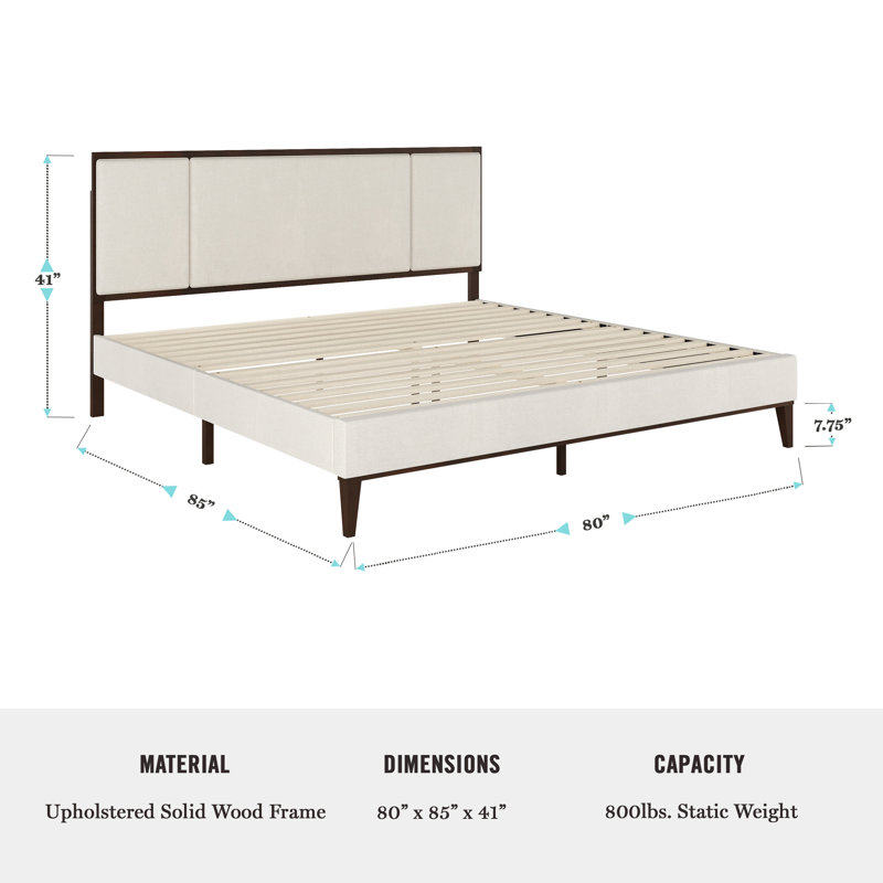Martha Stewart Jett Wooden Platform Bed With Upholstered Base And Triple Inset Headboard, Beige, King