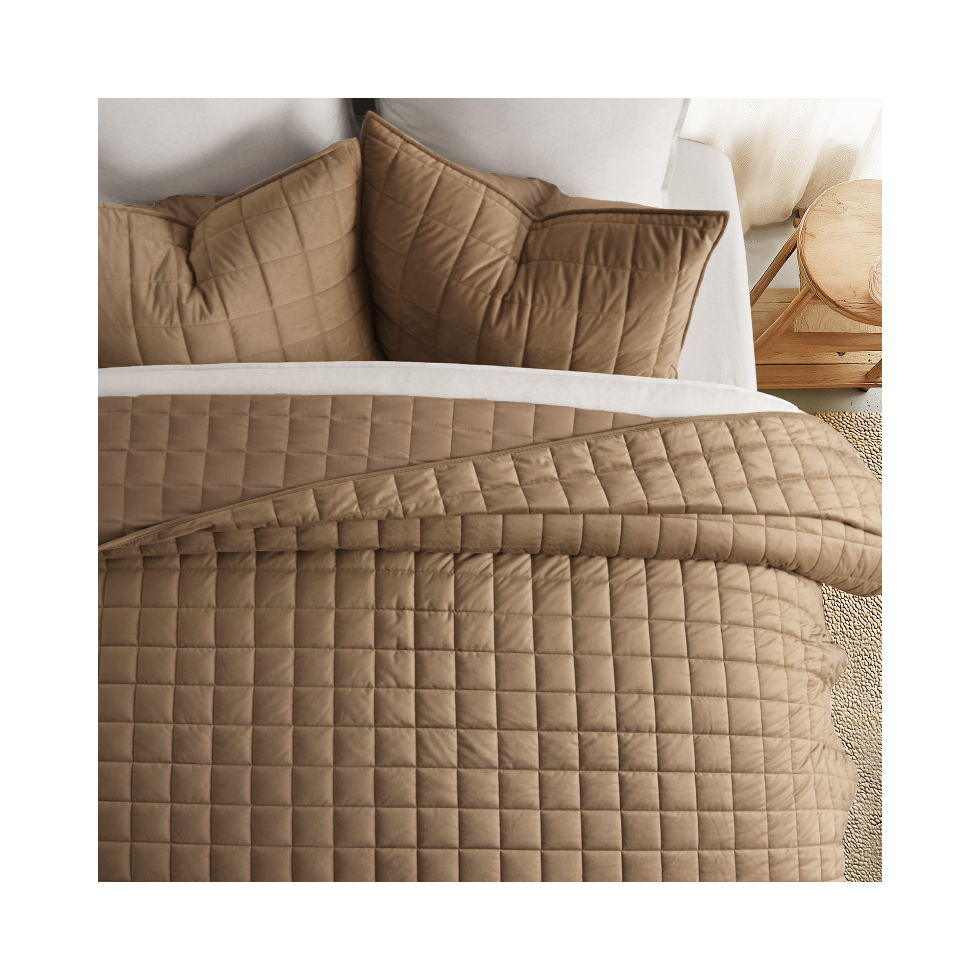 Box Stitch PearlVelvet Quilt set, Camel, Queen Quilt + 2 Standard Shams