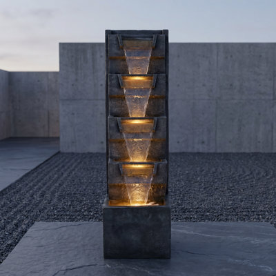 39.4" Tall Resin Faux Stone Outdoor Water Fountain with 4-Tier Cascading Waterfall and Warm LED Lights
