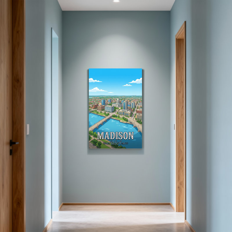 Scénario et paysages urbains Madison Cityscape River Bridge Skyline Buildings Waterway, H 18 po x l 12 po