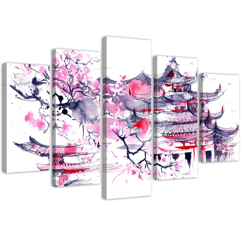Japanese Pink Landscape - 5 Piece No Frame Print on Canvas, 100cm H x 150cm W