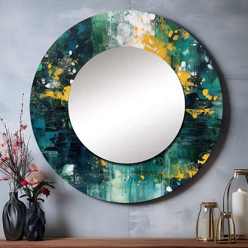 «Obrigado Yellow Green», miroir mural décoratif encre liquide - marbre, 29 po x 29 po