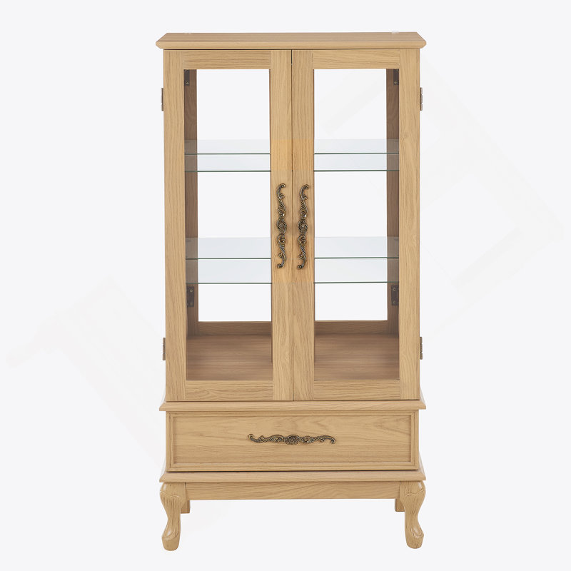 Vitrine lumineuse avec tablettes réglables, deux portes et un tiroir pour une présentation et un rangement polyvalents dans n'importe quelle maison