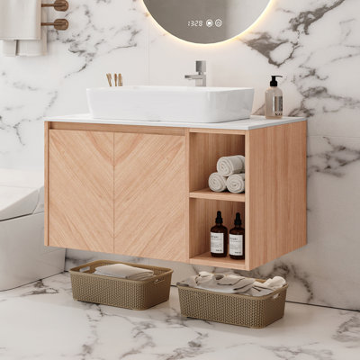 30" Floating Bathroom Vanity with Ceramic Vessel Sink, Wall-Mounted Bathroom Cabinet with Solid Wood Base & Open Storage Shelf, Modern Bathroom Vanity Set with P-Trap & Drain