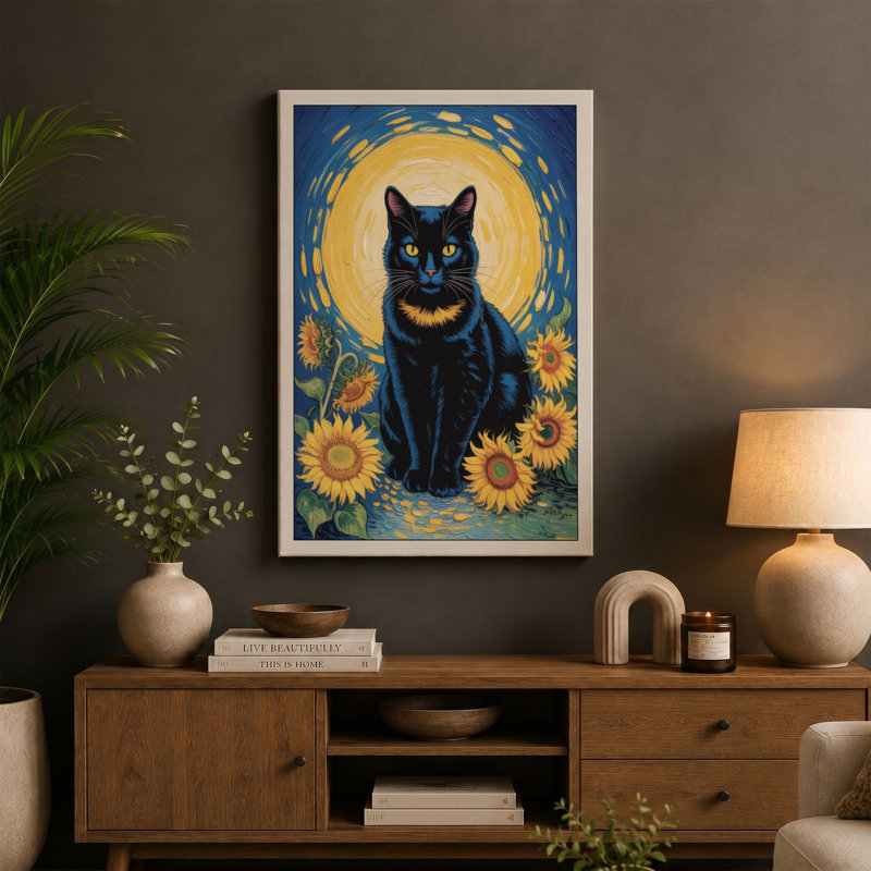 Sacred Cat with Sunflowers Eclectic 1 Piece Wrapped Canvas Wall Art, 30x20 - 76.2 x 50.8 cm, Teal Border