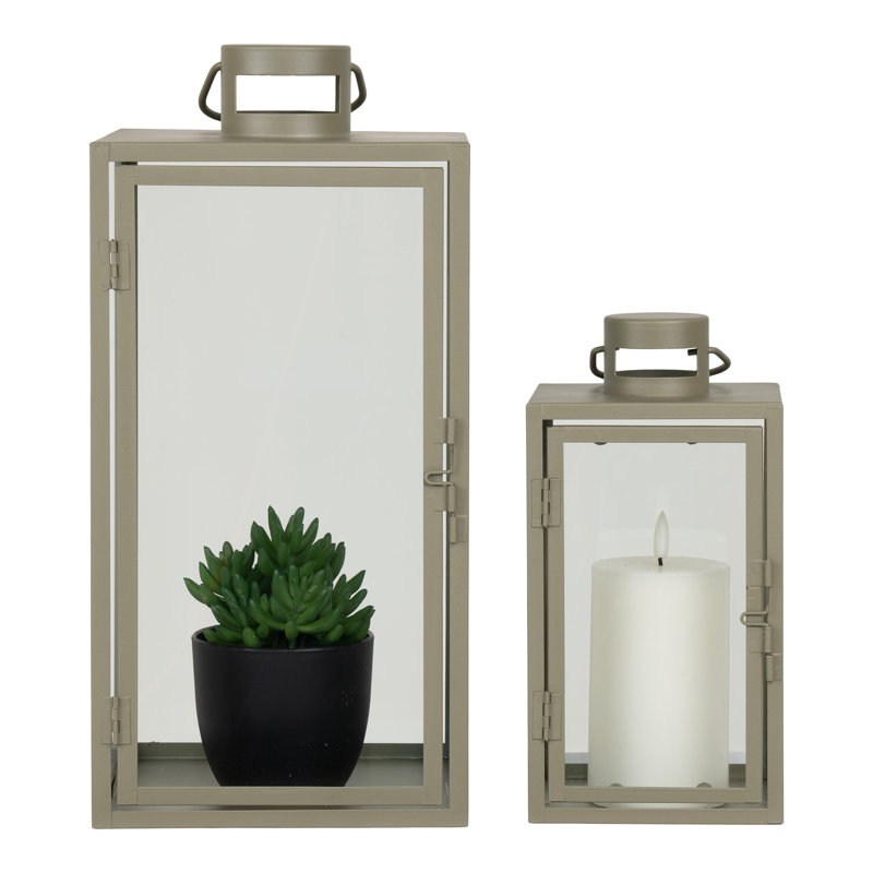 2 Piece Metal Floor Lantern Set, Green