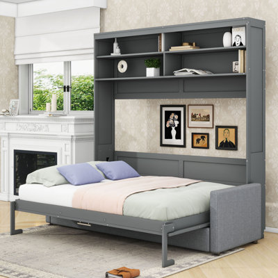 Queen Wood Murphy Bed with Sofa and Shelves