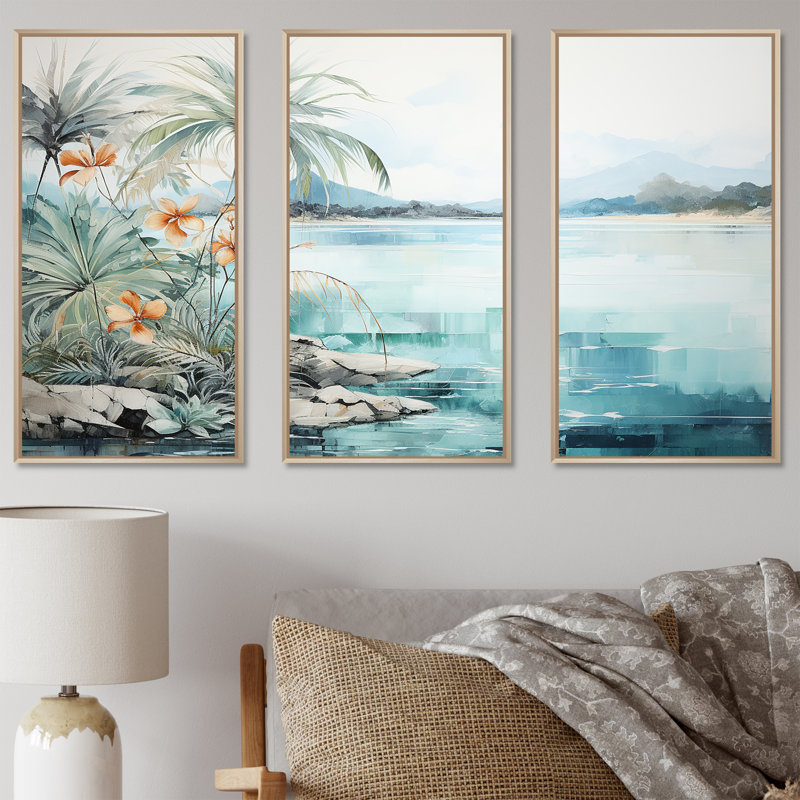 Erlich - Ensemble d'art mural bord de mer tropical, H 40 po x l 60 po x P 1 po, Cadre naturel flottant