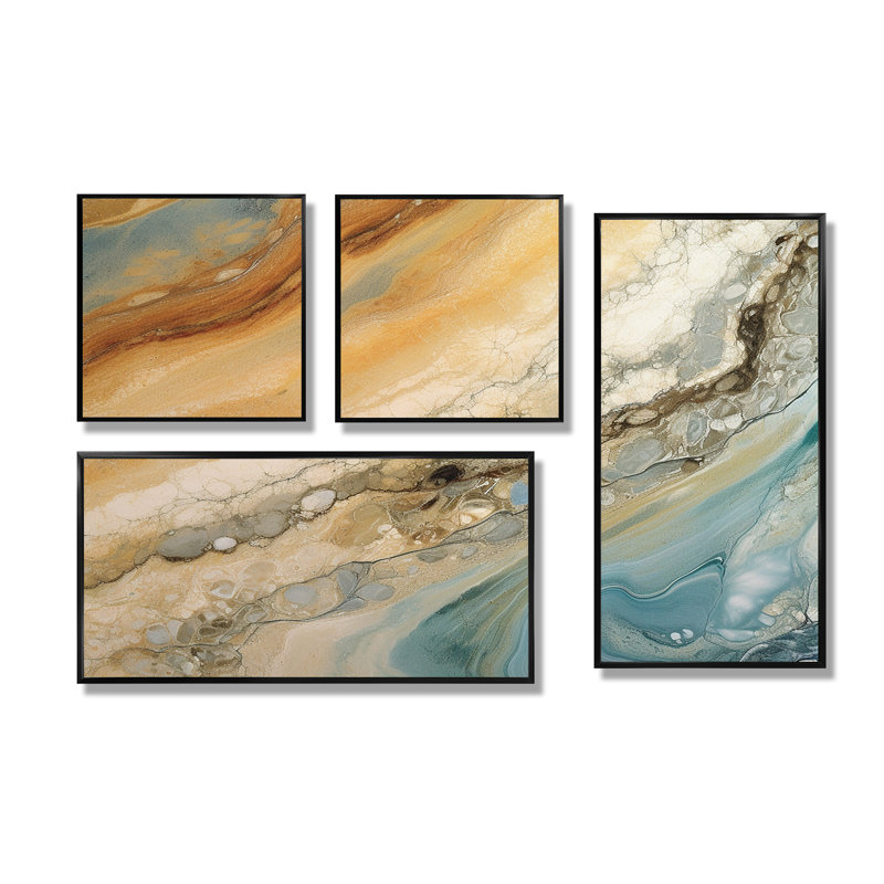 «Beige Blue Aqua Symphony», art mural abstrait grand 4 pièces, Impression encadrée sans passe-partout, Noir