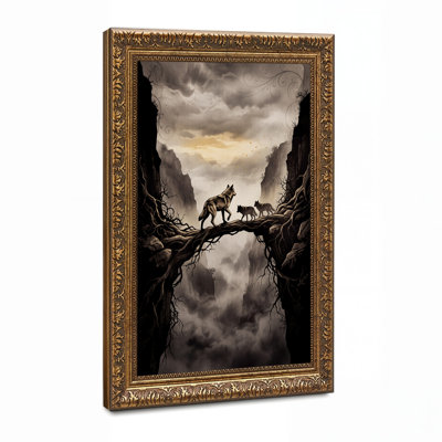 «Wolves Crossing Tree Root Bridge in Misty Canyon», art mural sur toile