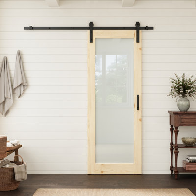 32"x80" Full Lite  Frosted Glass Pine Wood Slab Door With Black Barn Door Hardware Kit For Pantry,Closet