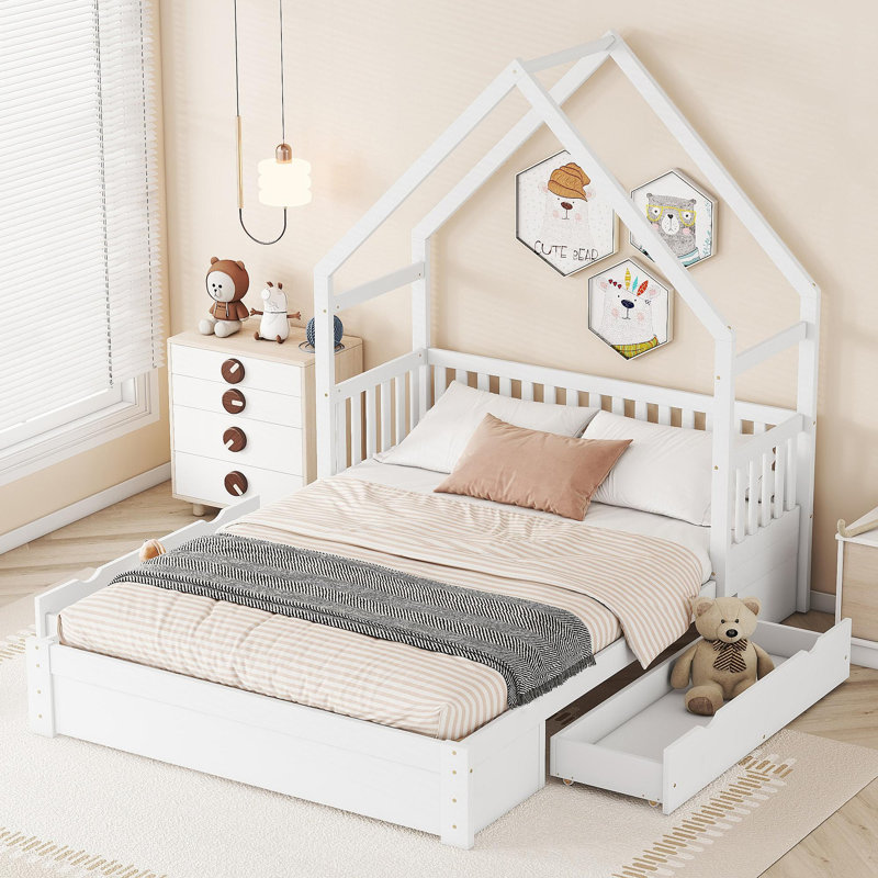 Grand lit plateforme en bois avec garde-corps et 2 tiroirs, blanc, Blanc