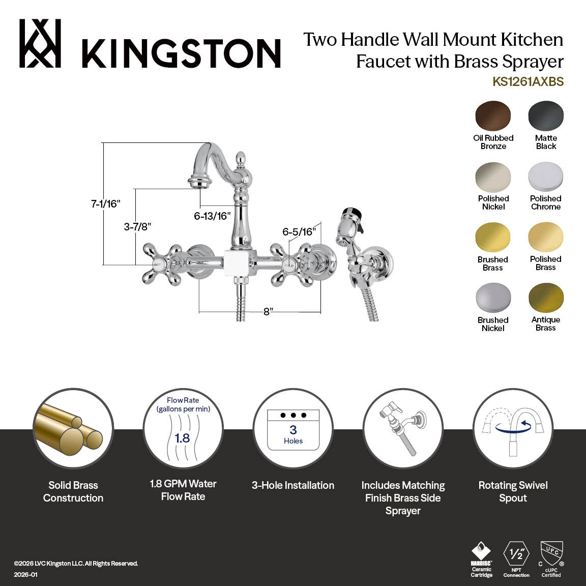 Kingston Brass Heritage Double-Handle 3-Hole Wall-Mount Bridge Kitchen Faucet with Brass Sprayer, Chrome