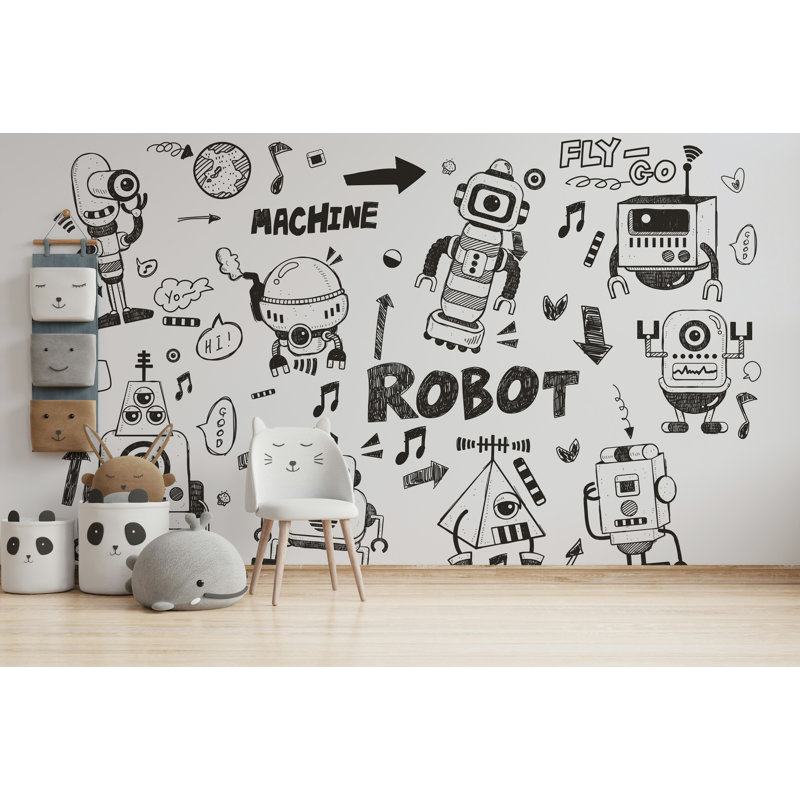 Caricature de robot Doodle, papier peint pour enfants, noir et blanc, L 37 po x l 56 po