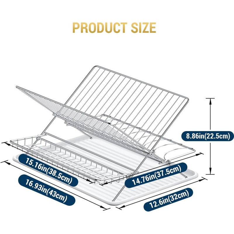 Foldable Stainless Steel 3-Tier Dish Drying Rack with White Drip Tray