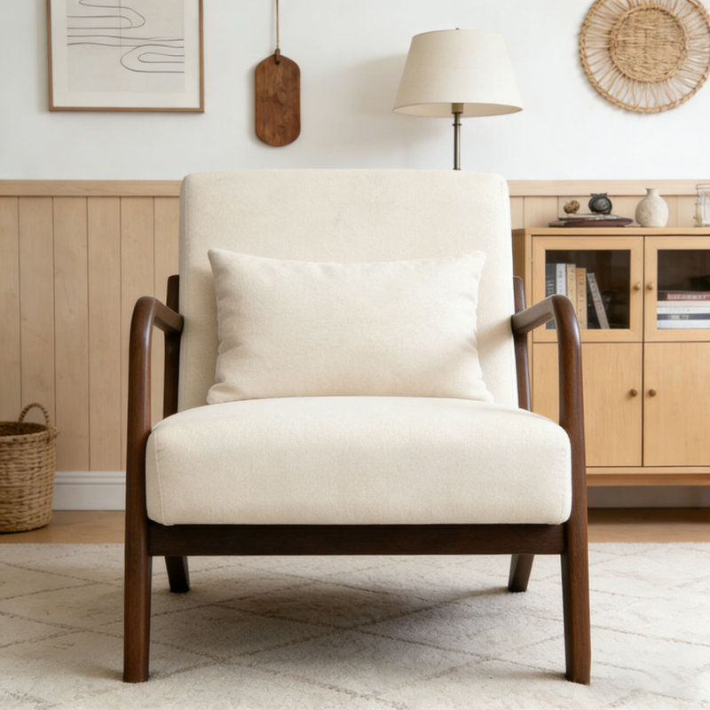 Chaise d'appoint moderne avec structure en bois, Lin de coton, Blanc
