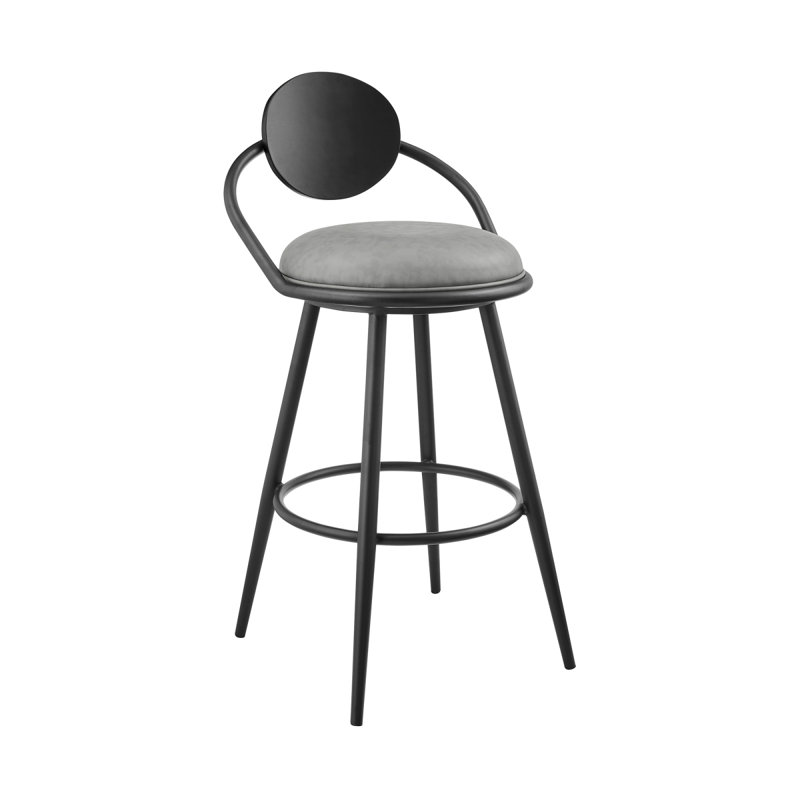 Carnation 26" Swivel Counter Stool In Black Iron With Vintage Gray Faux Leather And Black Wood Back