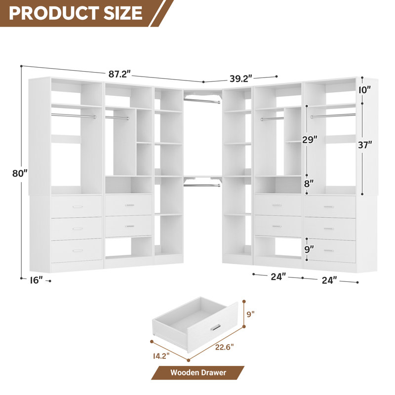 87.2" L X 87.2" W X 80" H Corner Closet System,Freestanding Closet Organizer System With 10 Drawers & 12 Shelves, White