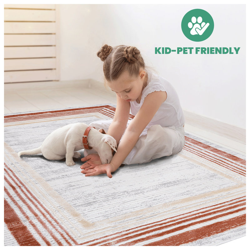 Bordered Area Rug - Modern Geometric Design, Stain Resistant Low Pile Carpet for Living Room, Bedroom, and High Traffic Areas - Brown/Ivory