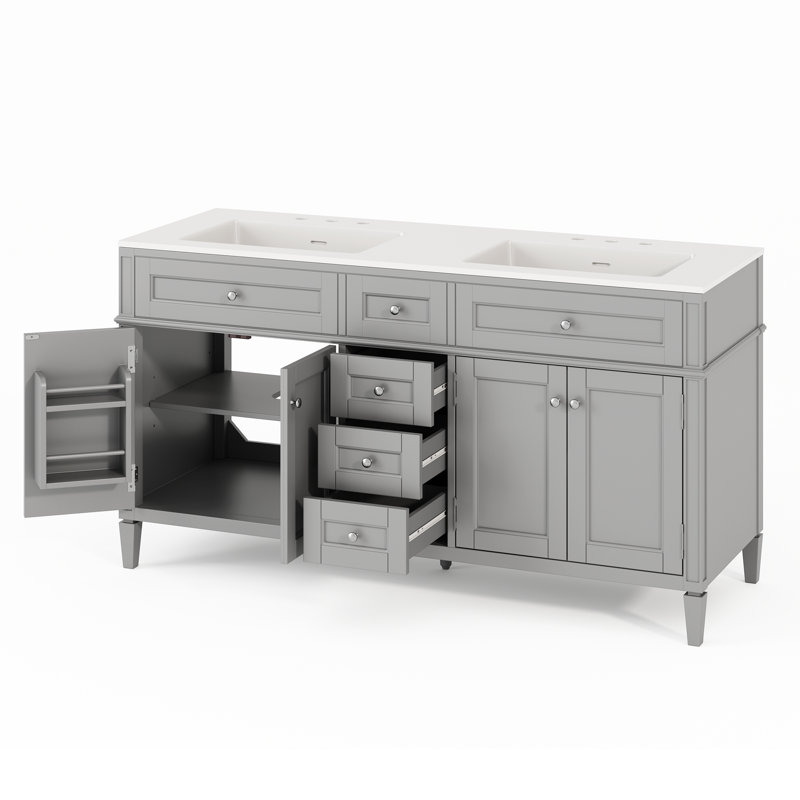 Meuble-lavabo double 60 po en bois massif avec plateau en acrylique gris, Gris