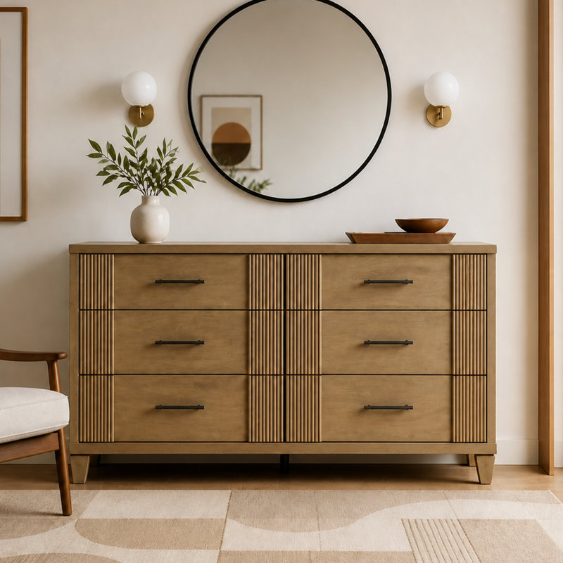 Commode Shalyce 54,8 po L, style moderne du milieu du siècle, à six tiroirs cannelés, Chêne antique