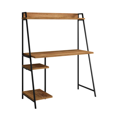 Bureau rectangulaire industriel autoportant, fini brun, avec rangement ouvert, plateau en bois d'ingénierie de 2,5 cm d'épaisseur, structure en métal noir en forme de H, profondeur 107,5 cm, largeur 52 cm, hauteur 139 cm, idéal pour travailler sur un ordinateur portable.