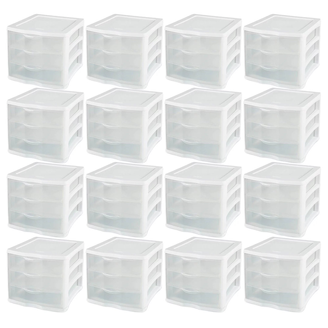 Sterilite ClearView Compact Stacking 3 Drawer Storage Organizer System (Set of 16) Sterilite