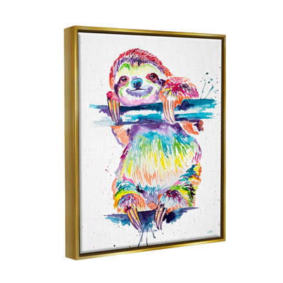 «Fun Rainbow Sloth Wildlife» par Jen Seeley - peinture sur toile à cadre flottant