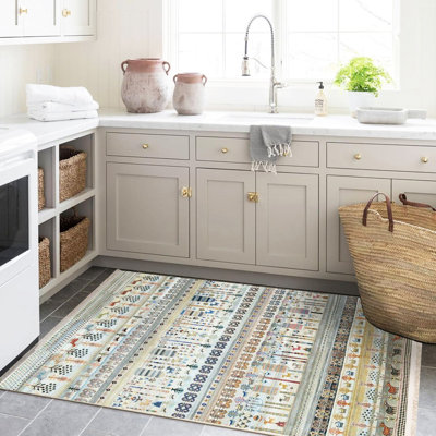 Barcelona Collection Multi-Coloured Ethnic Motif and Animal Figures Patterned Vintage Decorative Rug