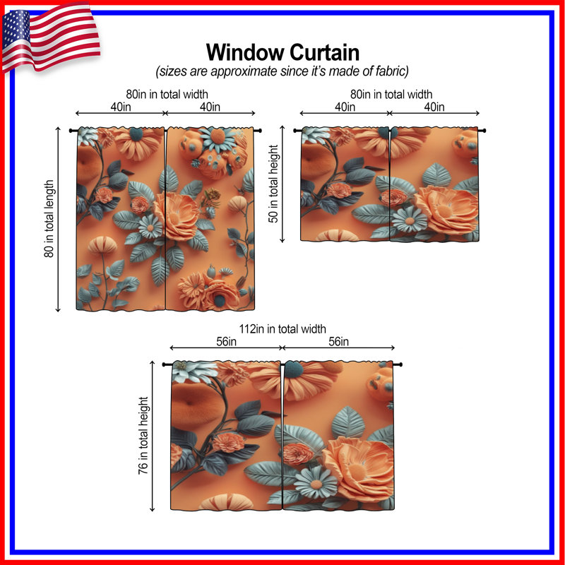 Arrangement floral orange et rideaux obscurcissant - 2 panneaux, 20 po x 60 po - 2 panneaux, Obscurcissement de chambre