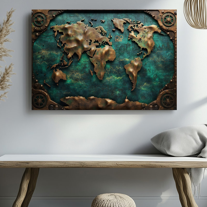 "Toile", une carte du monde tridimensionnelle texturée fabriquée à partir d'art mural vieilli en bronze et vert
