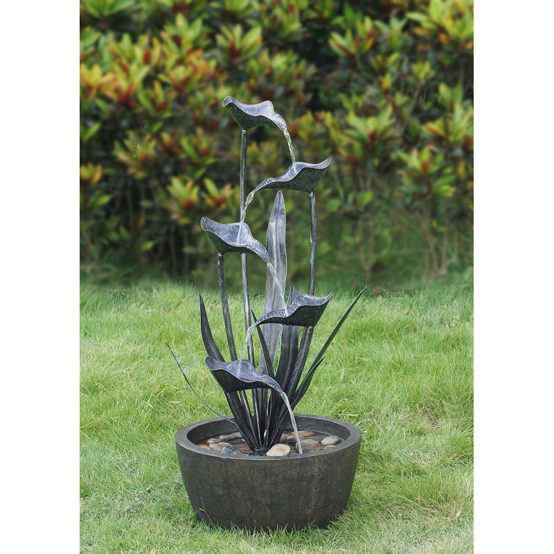 Tiered Leaves Stainless Metal Fountain Outdoor, Silver, 35.5" H x 15.25" W x 15.25" D