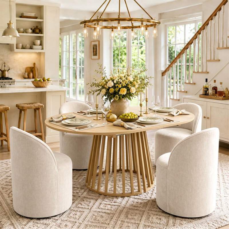 4 - Person Dining Table Sets With Extendabe Oval Table & 4 Upholstered Chenille Rolling Chairs, Beige