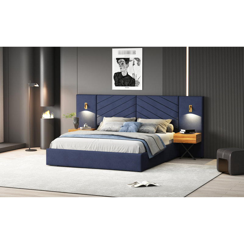 Grand lit plateforme en velours bleu rétro - Construction, tendance avec structure et tête de lit en bois