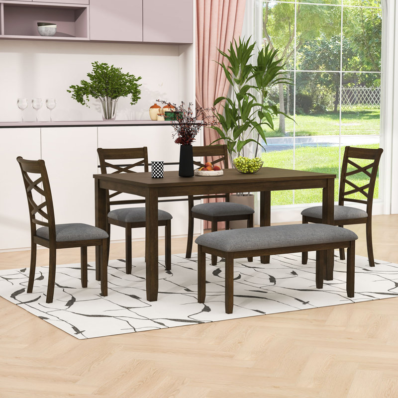 6-Piece Wood Dining Set with Rectangular Table, Bench and 4 Upholstered Chairs
