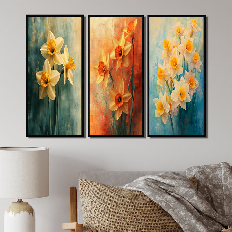 «Daffodil Radiance In Pastels Impressionist I» - Collection d'art mural jonquilles, H 32 po x l 48 po, Noir