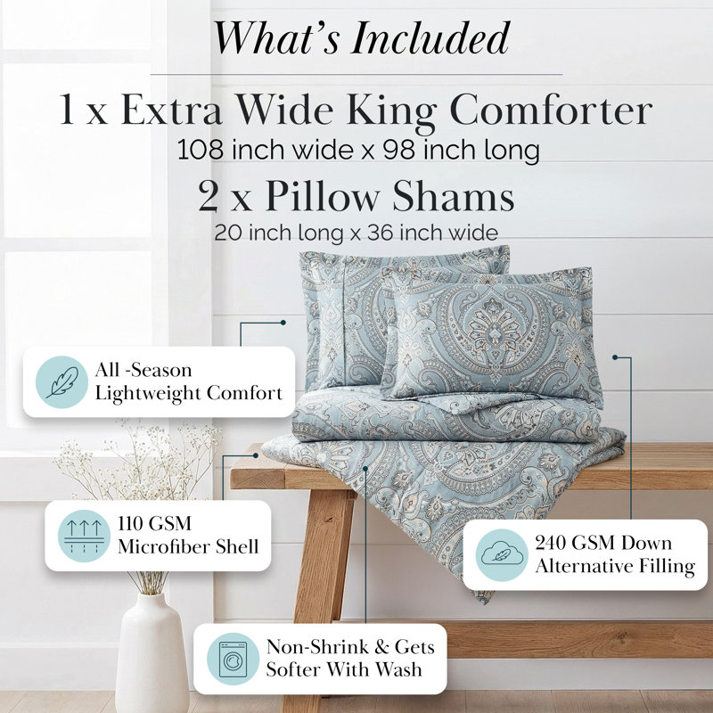 Pure Melody Microfiber Oversized Down Alternative Paisley Comforter Set with matching shams, King Comforter + 2 Shams, Aqua