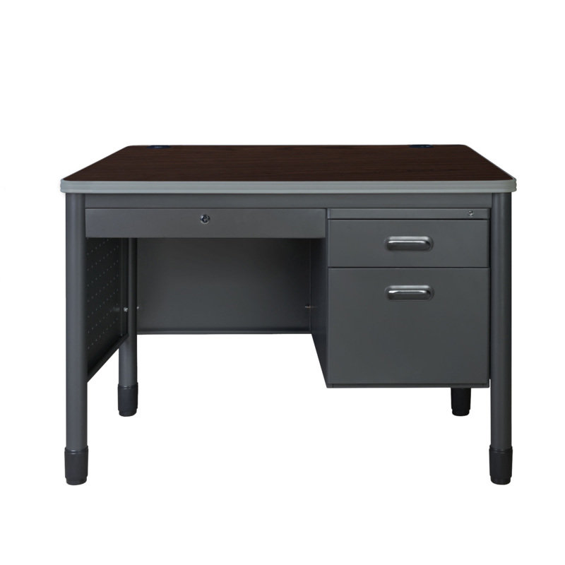 Pasqual Steel Single Pedestal Teacher's Office Desk With Center Drawer 48" X 30" - Neo Walnut, Brown/Gray